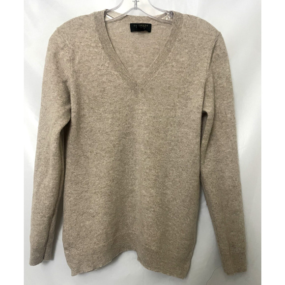 CHARTER CLUB Luxury 100% Cashmere Sweater Women's Size M Beige Tan V Neck - Picture 1 of 7